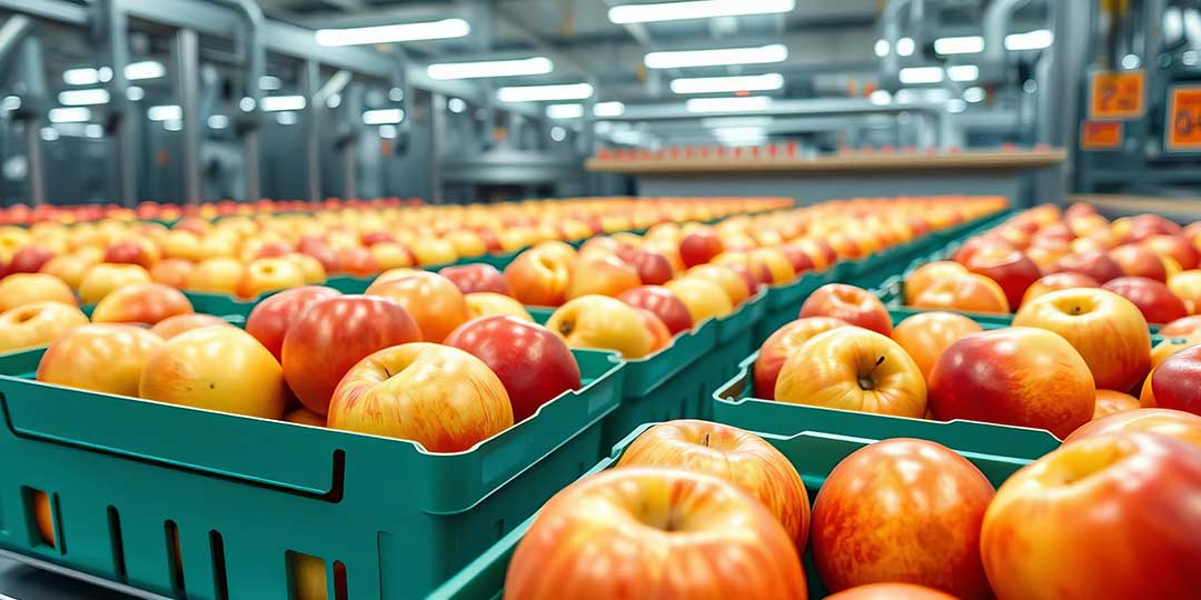 Clean fresh apples ready for automated packing in a modern food processing facility machinery agriculture