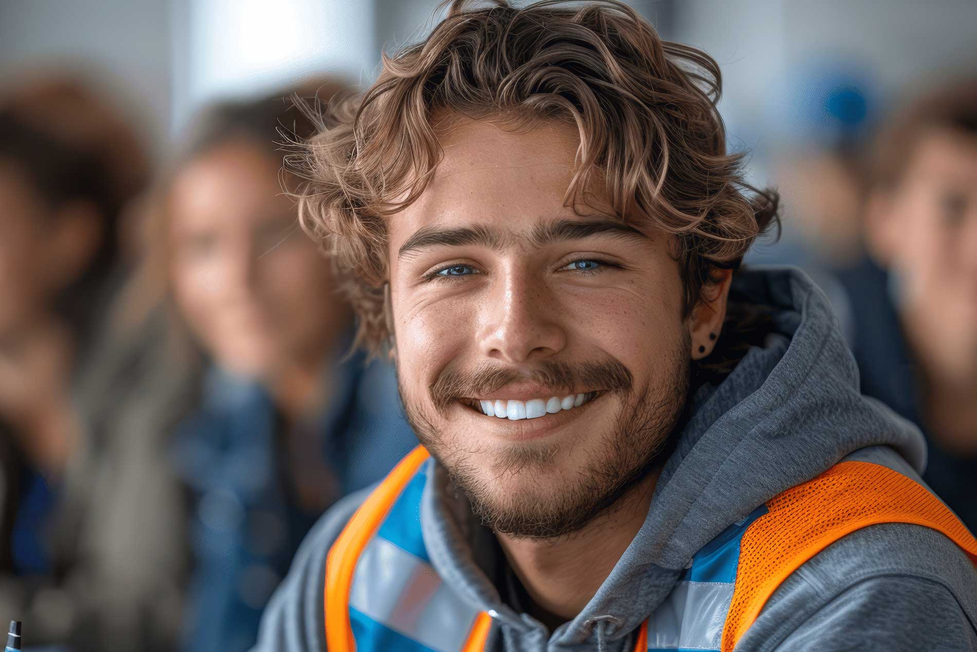 construction worker in class smiling